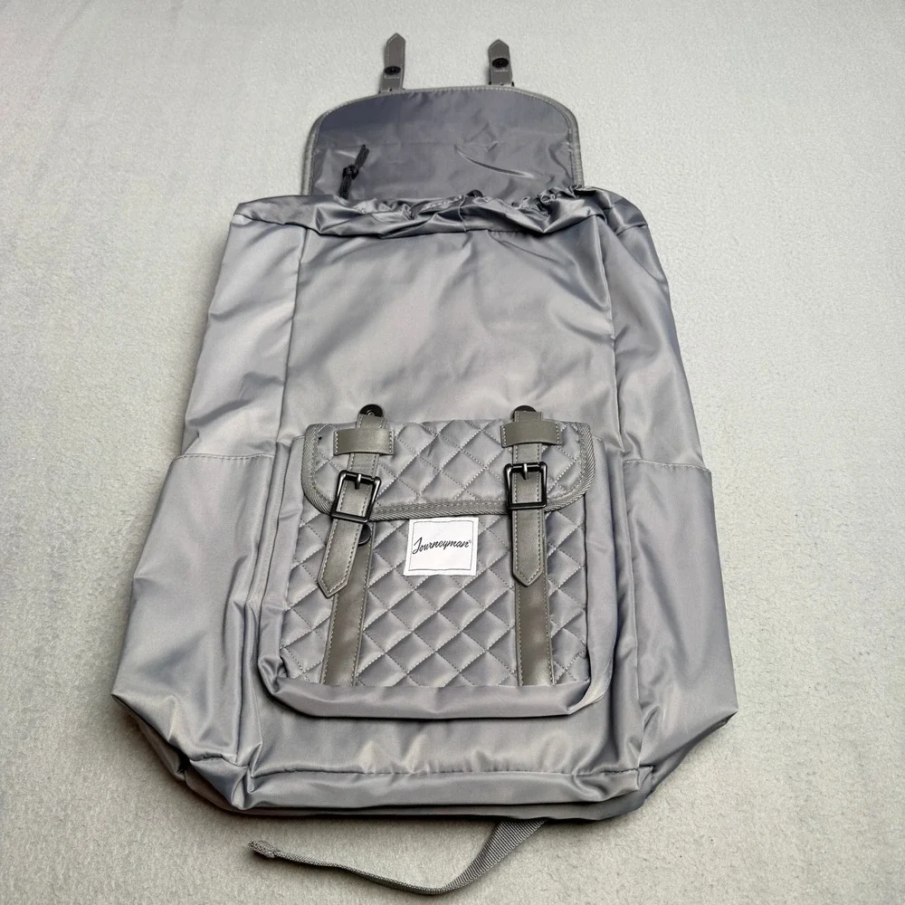 Journeyman Gray Quilted Nylon Drawstring Backpack Magnetic Buckle Straps Travel